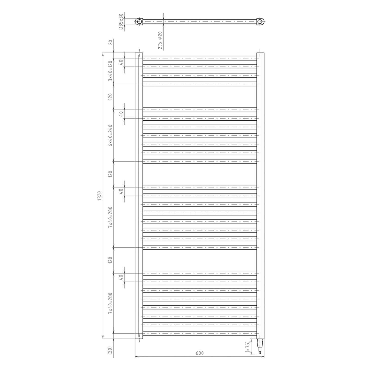 Aqualine DIRECT-E elektrické otopné těleso rovné 600x1320 mm, 600 W, černá, technický nákres