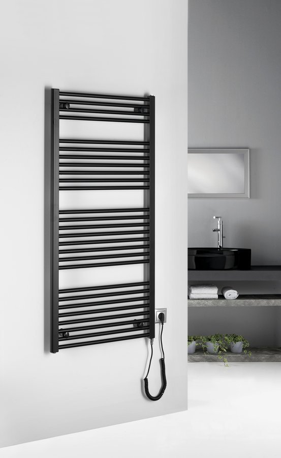 Aqualine DIRECT-E elektrické otopné těleso rovné 600x1320 mm, 600 W, černá, v koupelně
