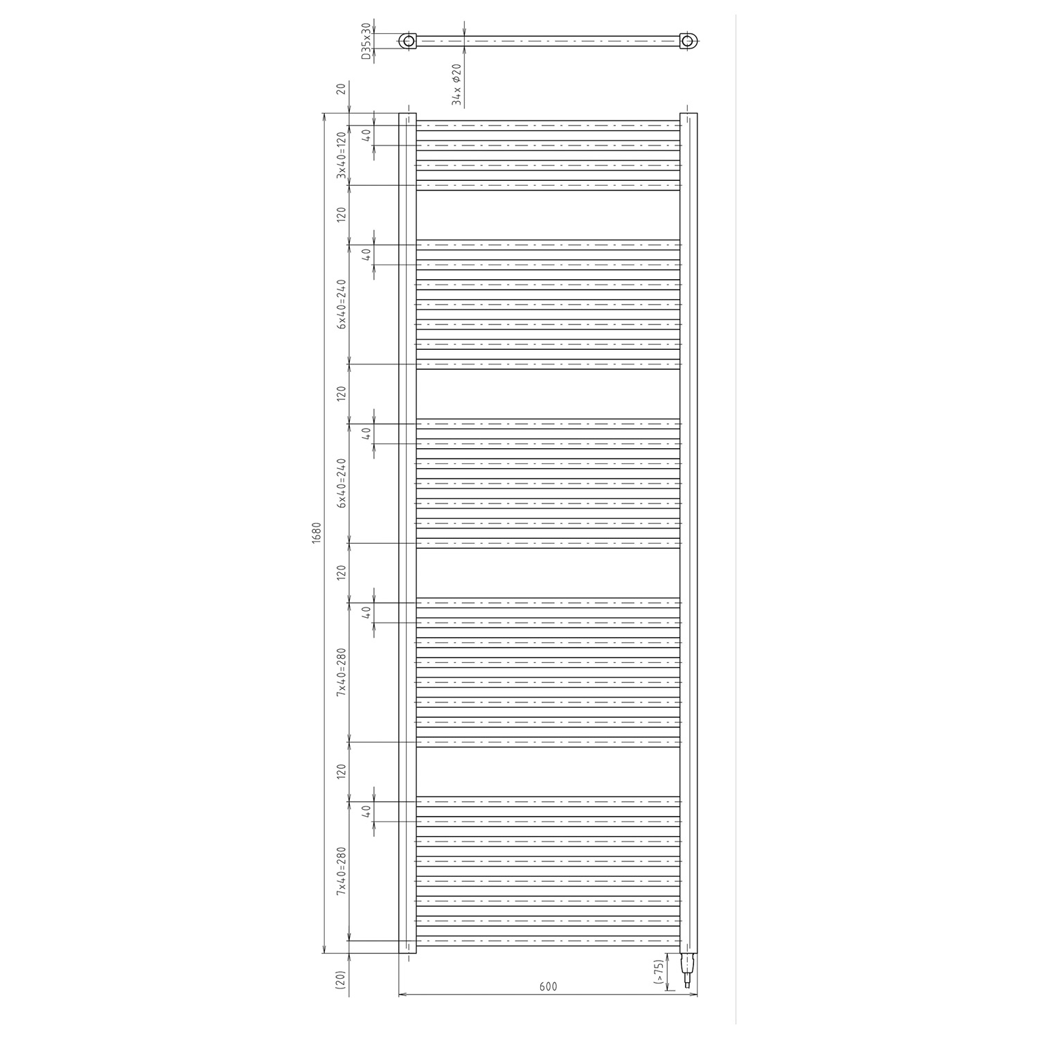 Aqualine DIRECT-E elektrické otopné těleso rovné 600x1680 mm, 800 W, černá, technický nákres
