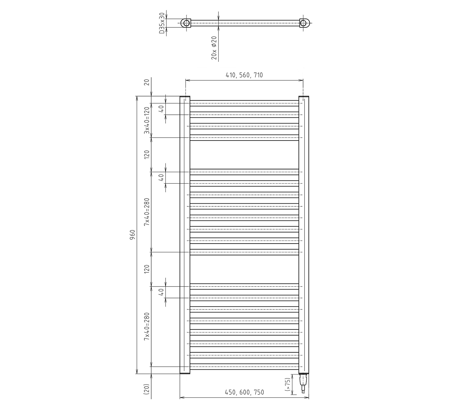 Aqualine DIRECT-E elektrické otopné těleso rovné 450x960 mm, 300 W, černá, technický nákres