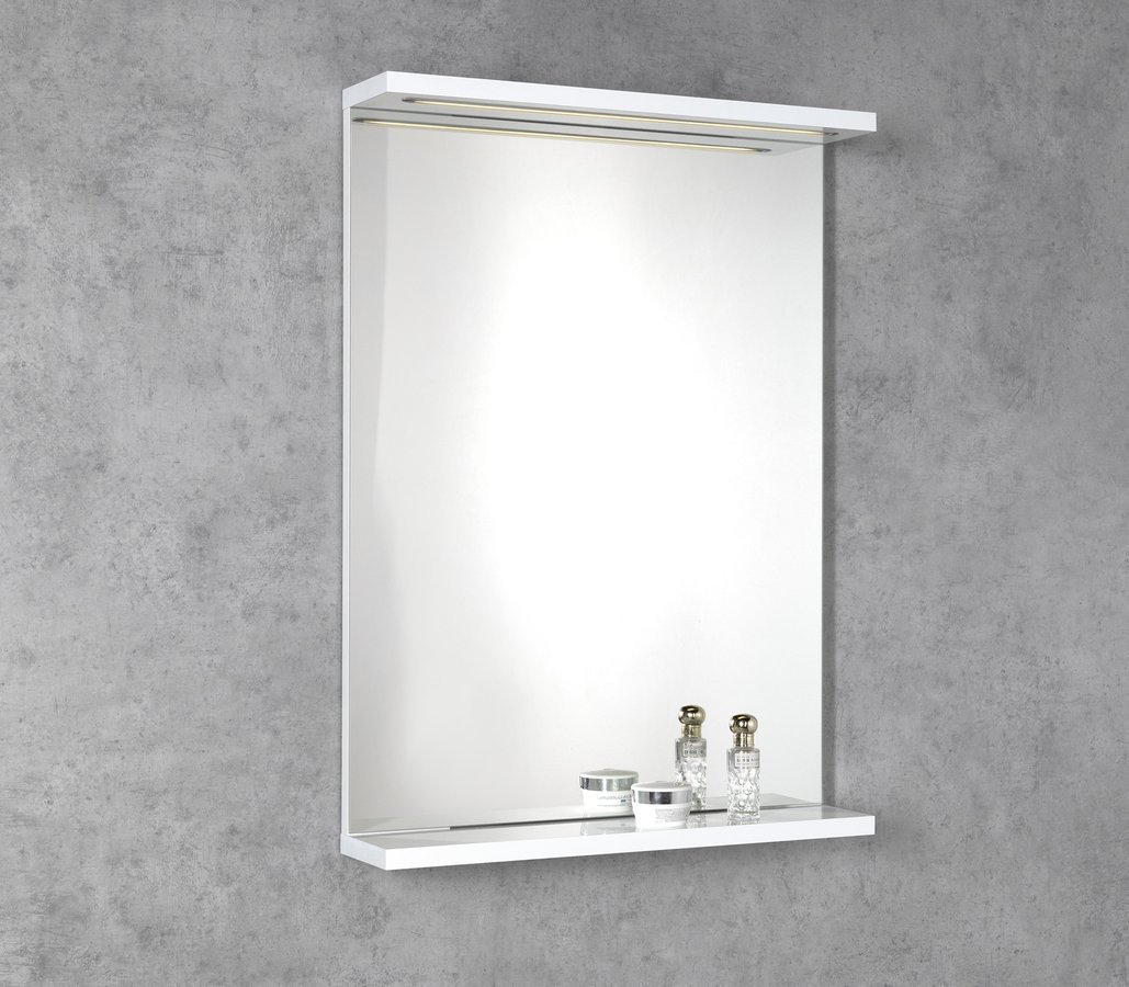 Aqualine KORIN STRIP zrcadlo s LED osvětlením 60x70x12cm, na šedé stěně s poličkou
