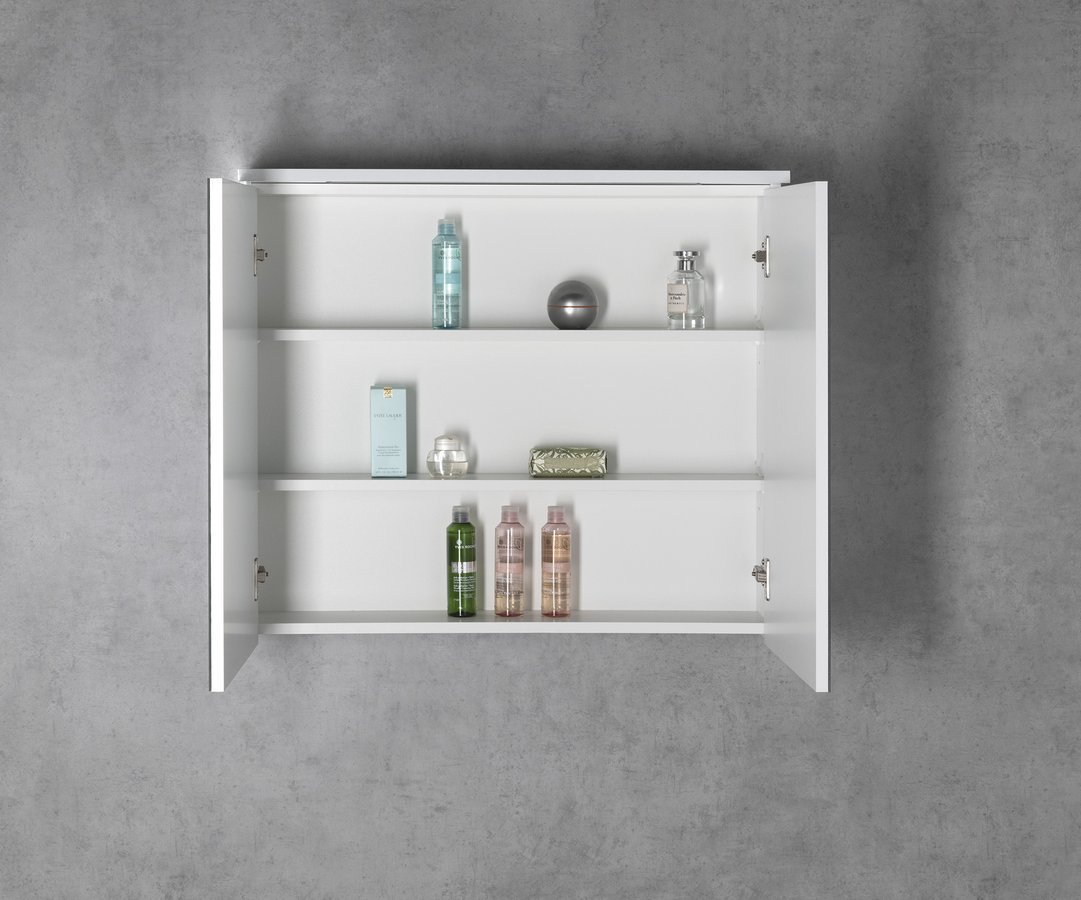 Aqualine KAWA STRIP galerka s LED osvětlením 80x70x22cm, bílá, s otevřenými dvířky a kosmetikou