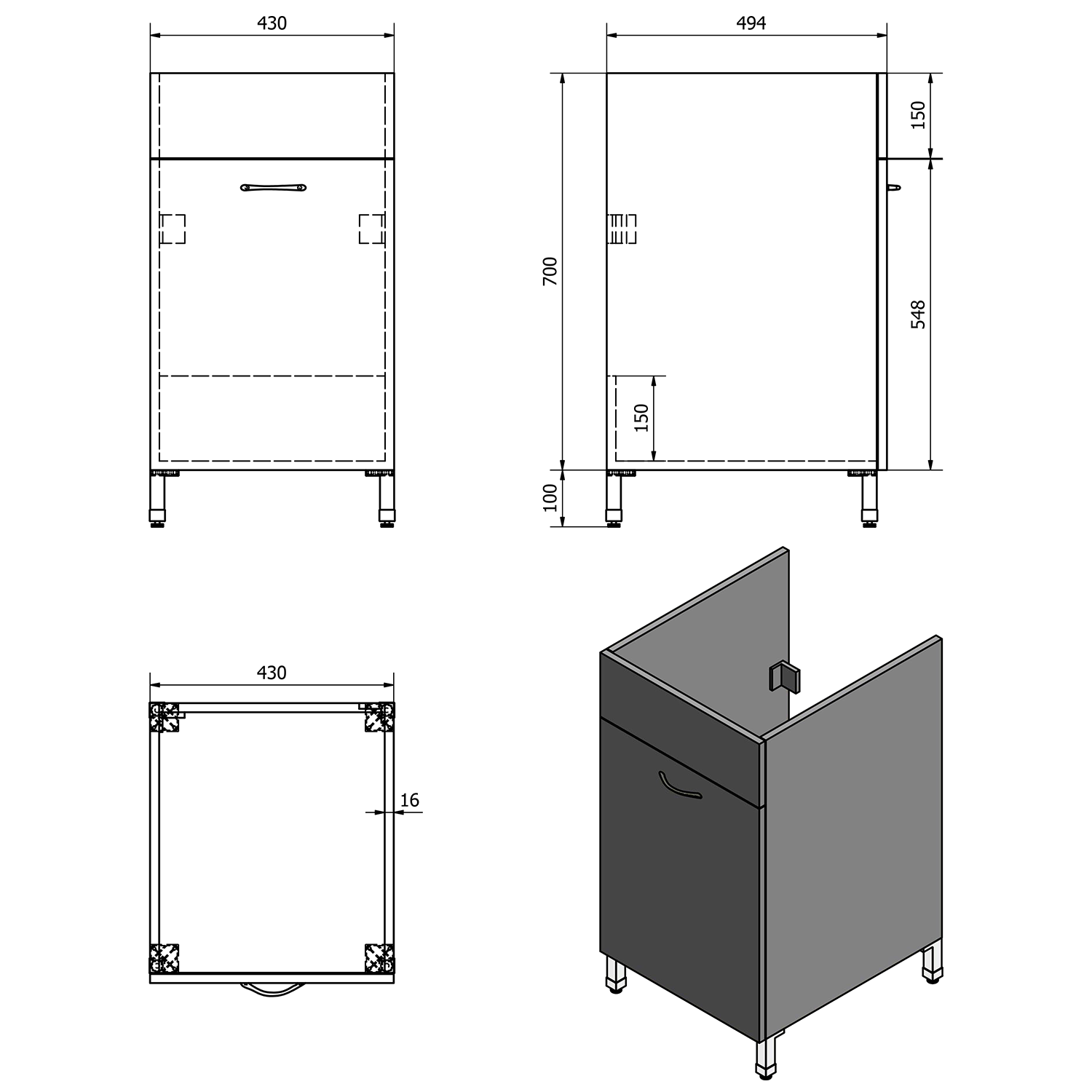 Aqualine Skříňka pod výlevku 43x70x49,6cm, bílá, technický nákres