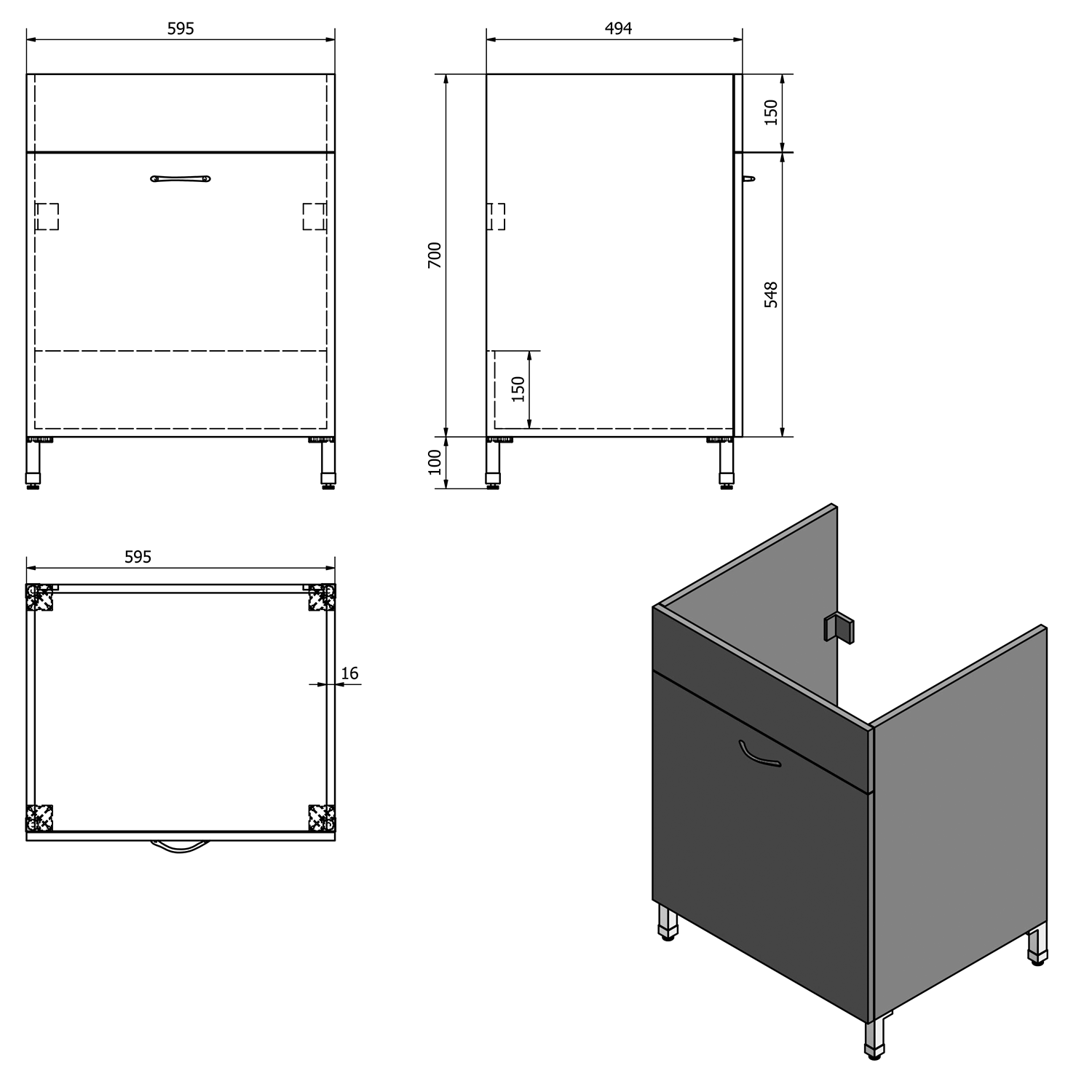 Aqualine Skříňka pod výlevku 59,5x70x49,4cm, bílá, technický nákres