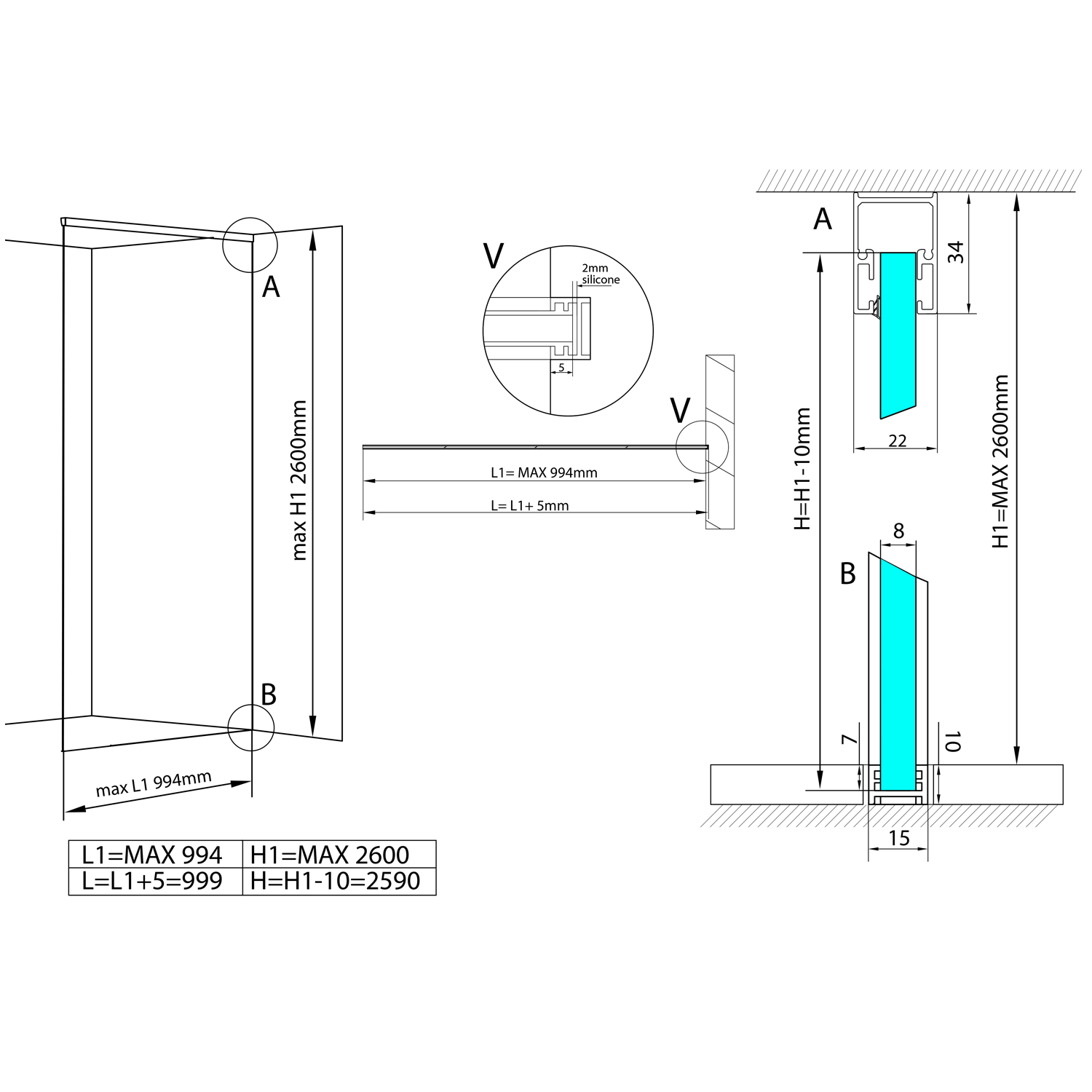 Polysan ARCHITEX kalené sklo, L 700 - 999mm, H 1800 - 2600mm, čiré, technický nákres