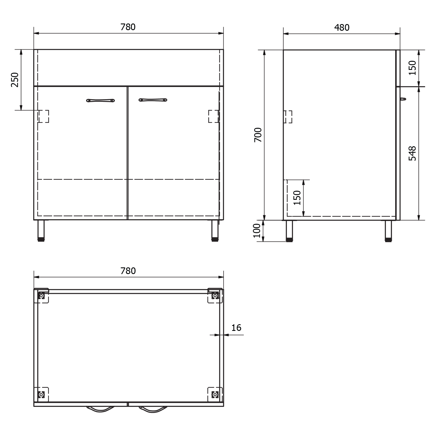 Aqualine Skříňka pod výlevku 78x70x48cm, bílá, technický nákres