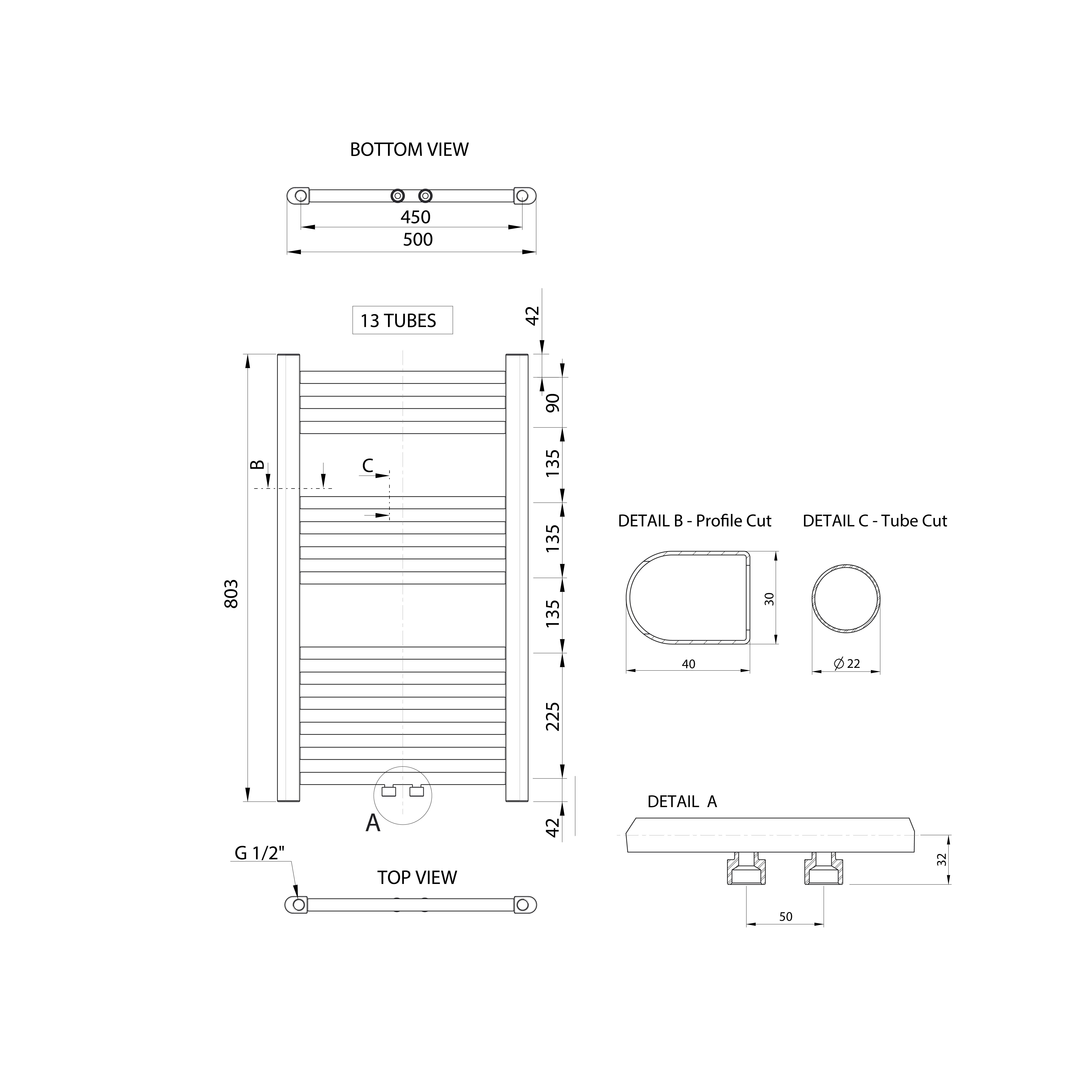 Aqualine ALYA otopné těleso rovné 500x803mm, středové připojení, chrom, technický nákres