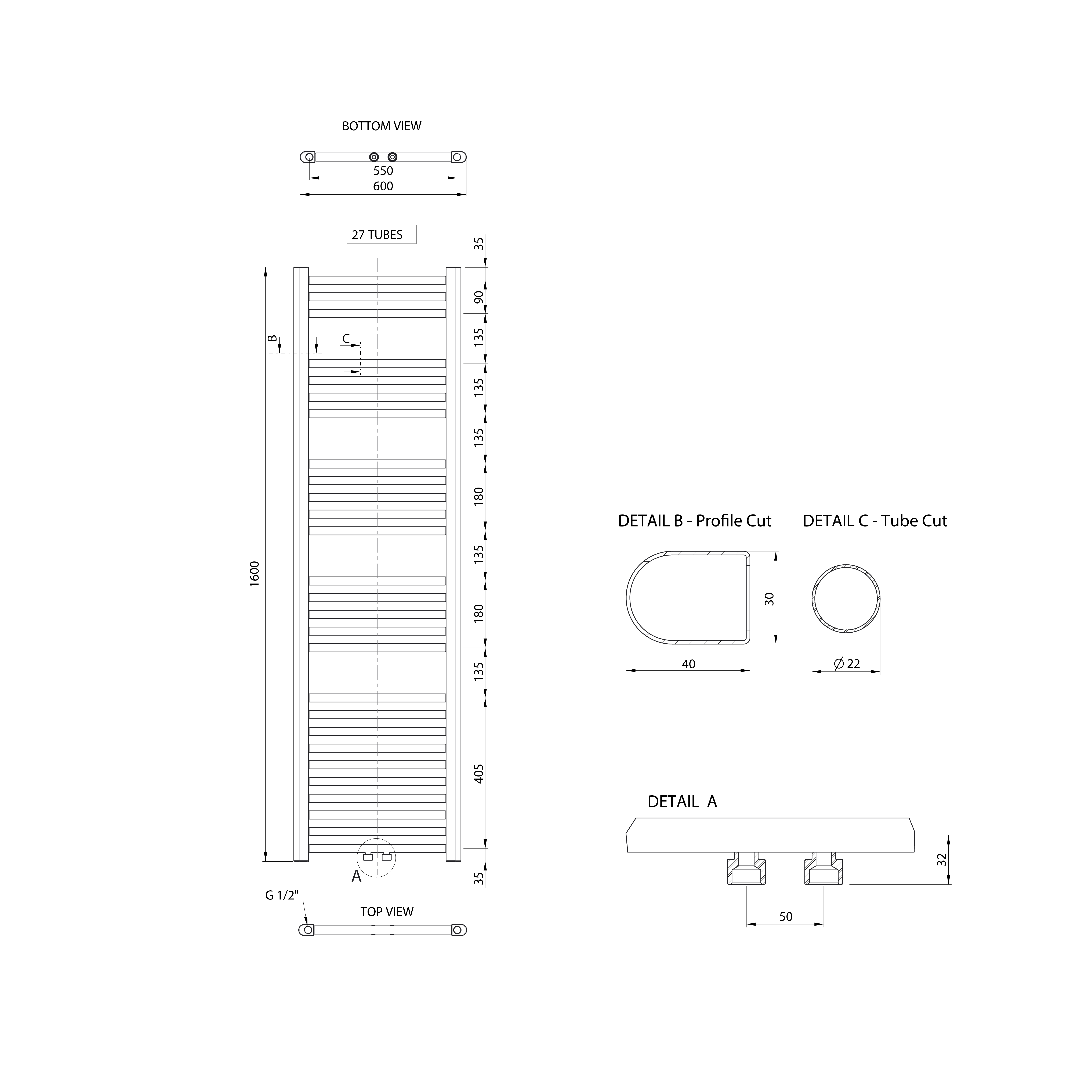 Aqualine ALYA otopné těleso rovné 600x1600mm, středové připojení, chrom, technický nákres