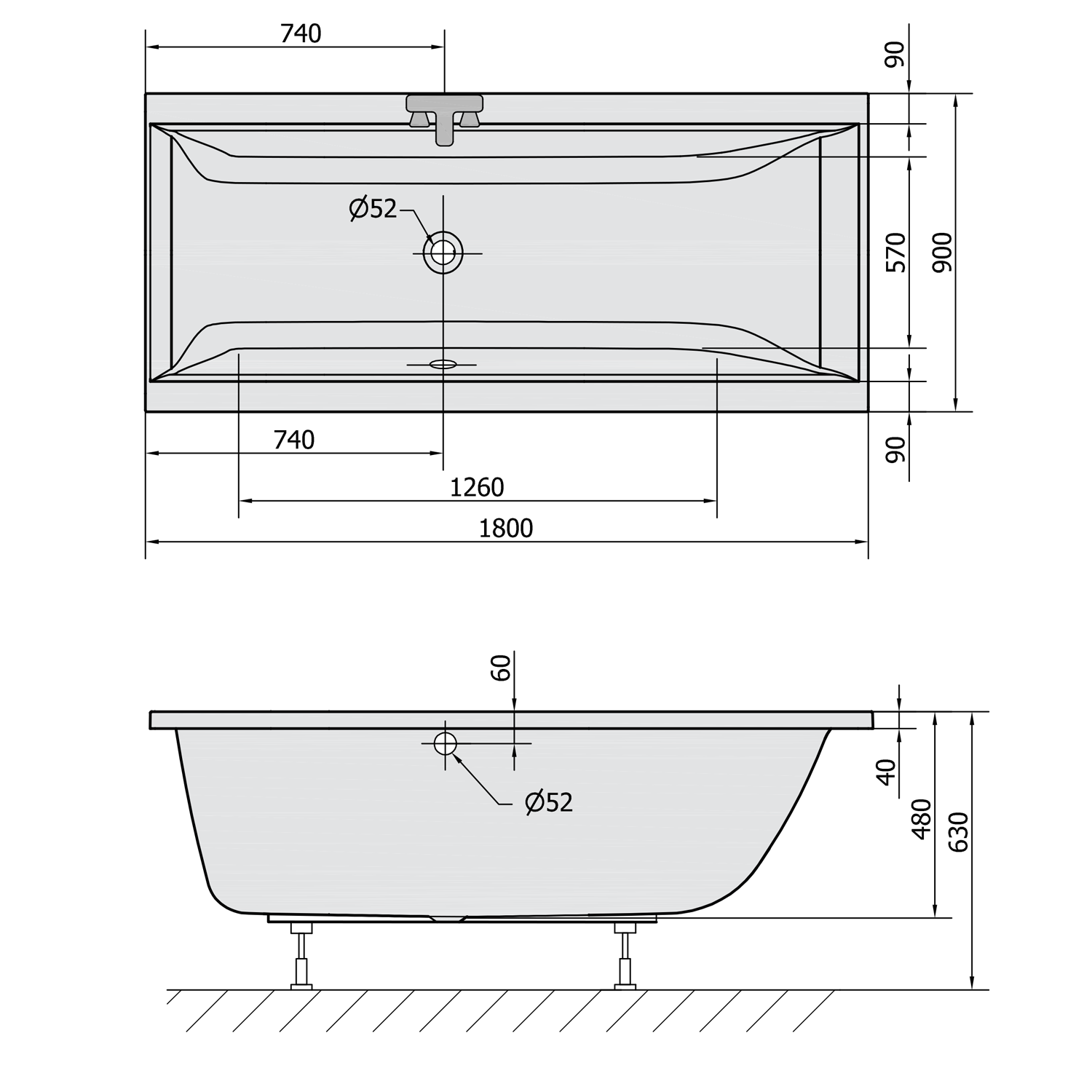 Polysan CLEO obdélníková vana 180x90x48cm, bílá mat, technický nákres