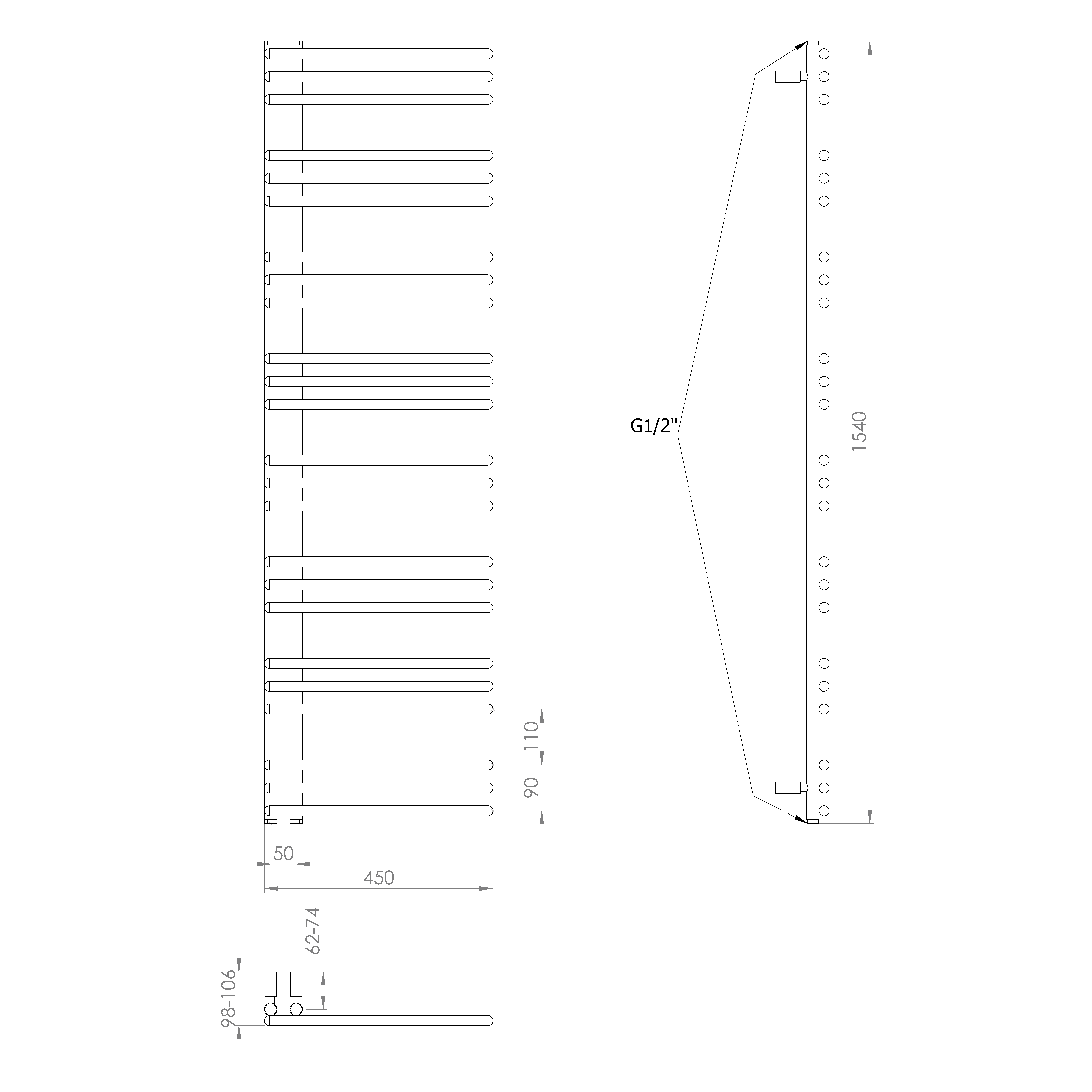 Aqualine POSEIDON otopné těleso 450x1540mm, bílá, technický nákres