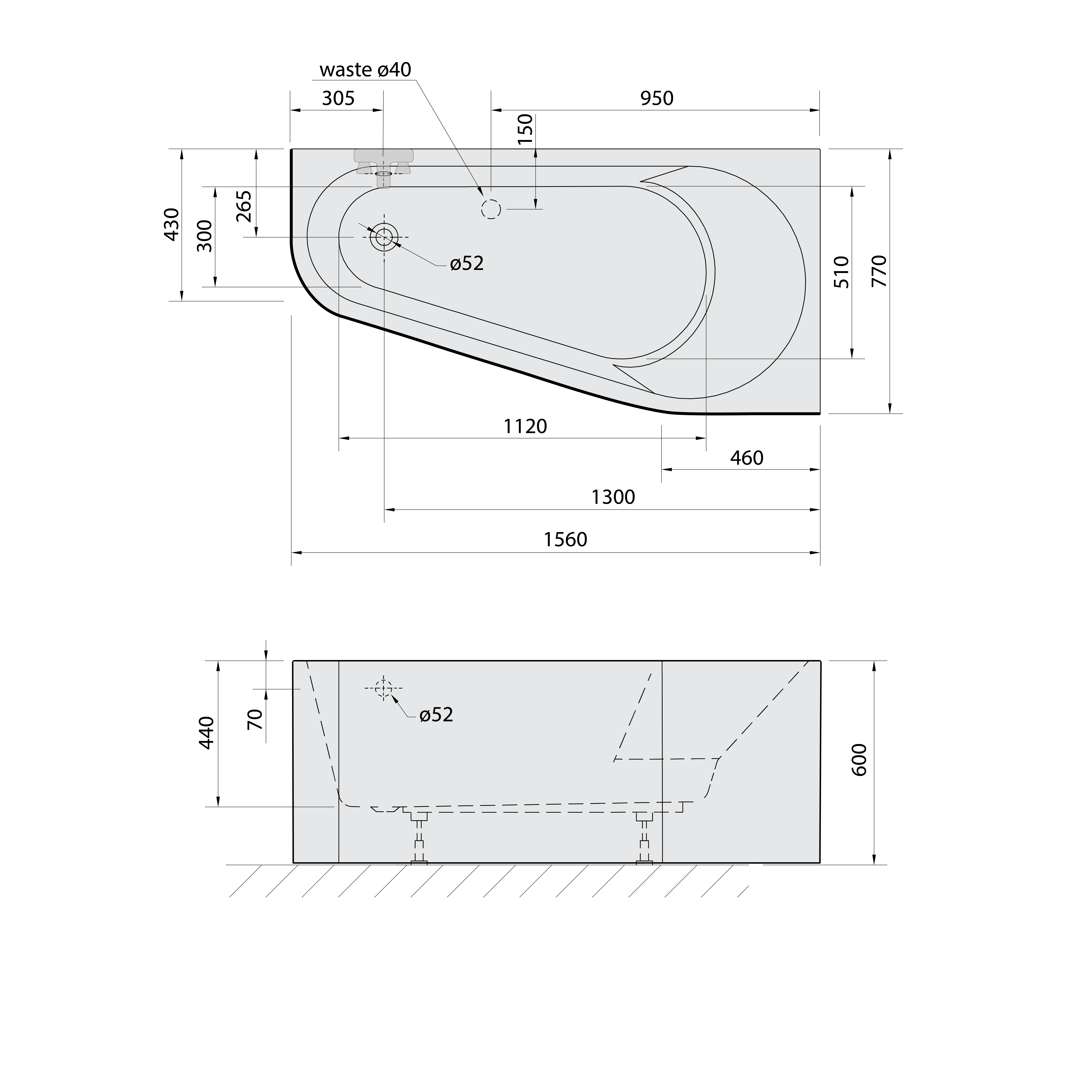 Polysan PROJEKTA R MONOLITH asymetrická stojící vana 156x77x60cm, bílá/černá, technický nákres