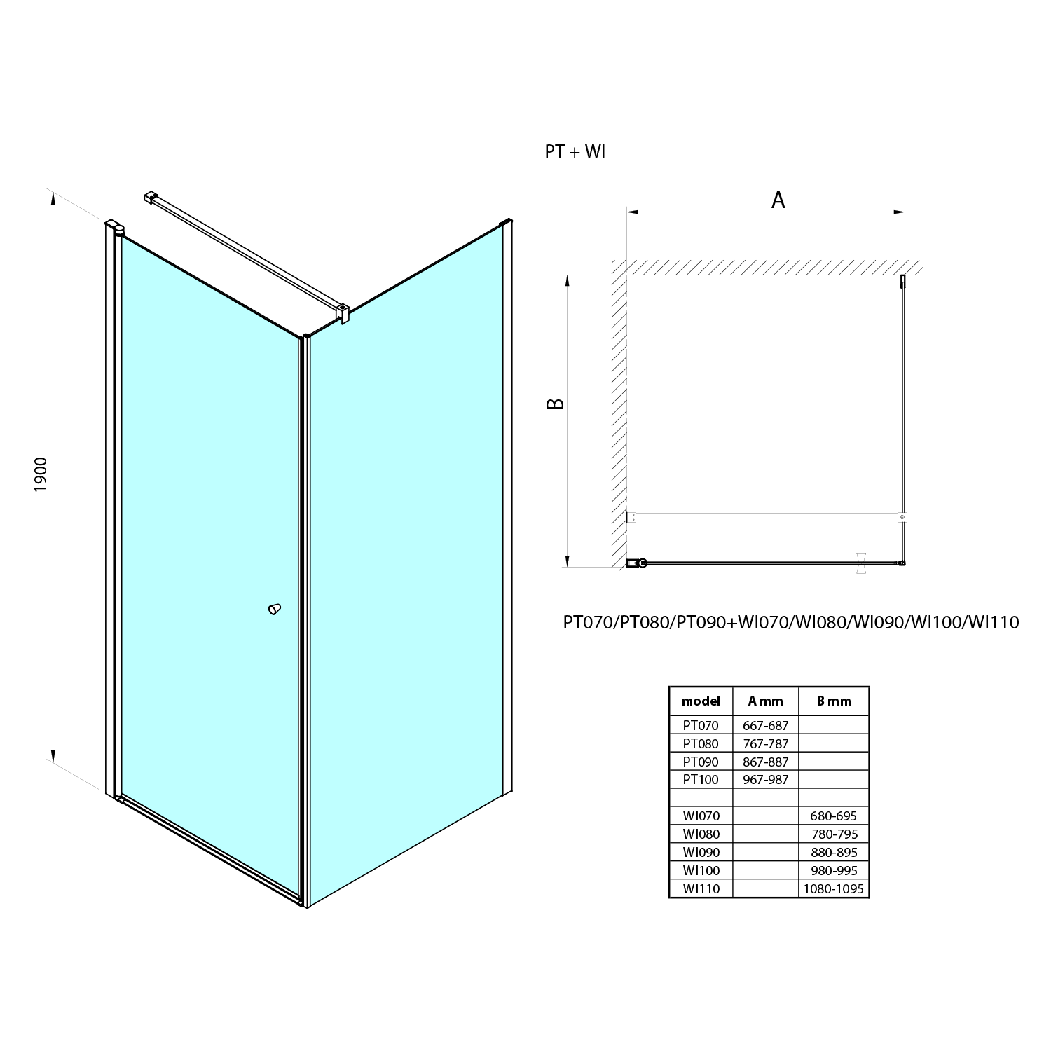 Aqualine PILOT čtvercový sprchový kout 700x700 mm, sklo Brick, technický nákres