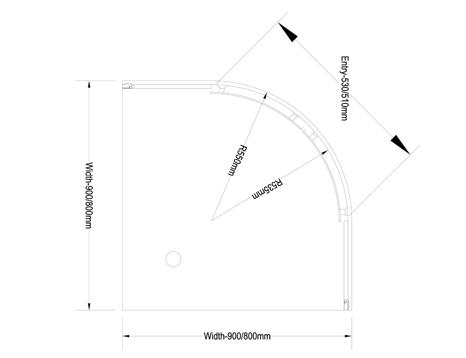Aqualine ARLETA čtvrtkruhová sprchová zástěna 800x800mm, čiré sklo, technický nákres