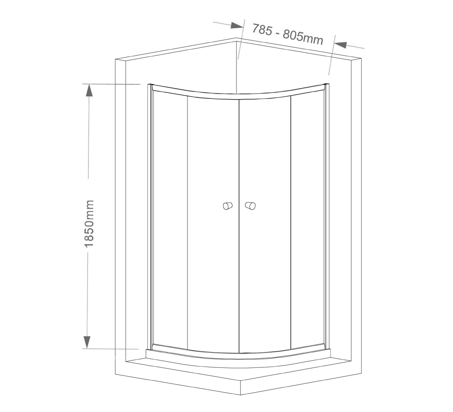 Aqualine ARLETA čtvrtkruhová sprchová zástěna 800x800mm, čiré sklo, technický nákres