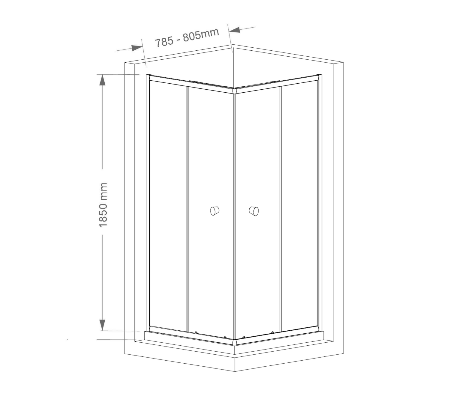 Aqualine AGGA čtvercová sprchová zástěna 800x800mm, čiré sklo, technický nákres
