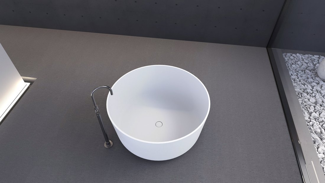 Polysan ESTATIS volně stojící vana litý mramor ø110x51cm, bílá mat, pohled shora v koupelně
