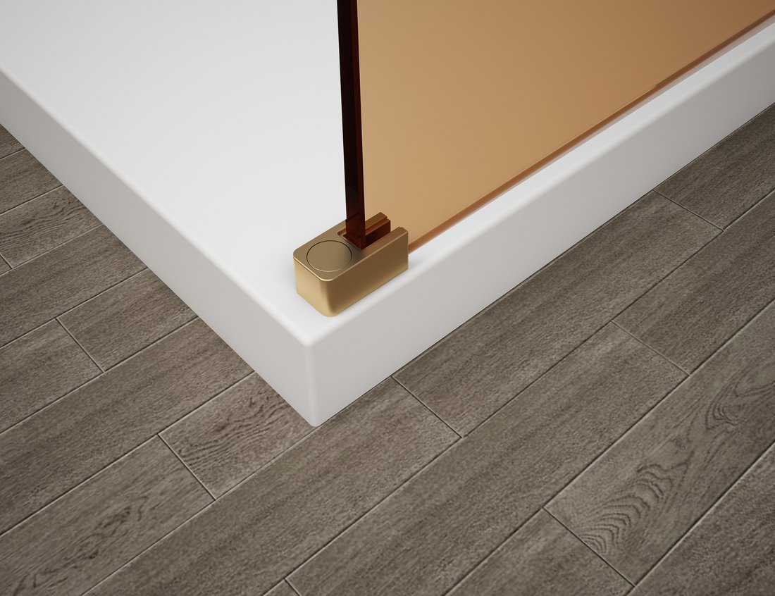 Polysan ESCA GOLD MATT jednodílná sprchová zástěna do prostoru, sklo Marron, 1400 mm, detail zlatého úchytu u podlahy