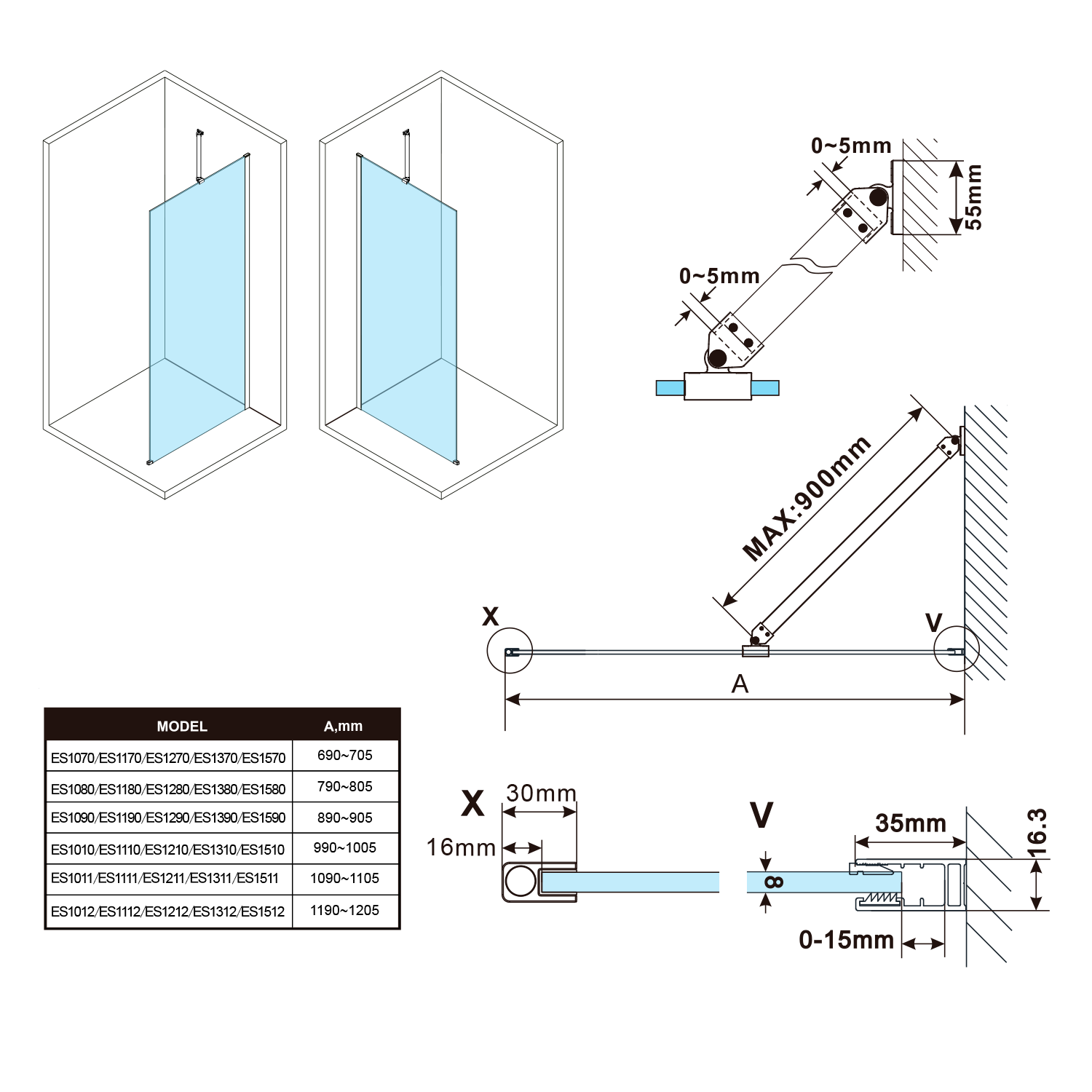 Polysan ESCA BLACK MATT jednodílná sprchová zástěna k instalaci ke stěně, sklo čiré, 1000 mm, technický nákres