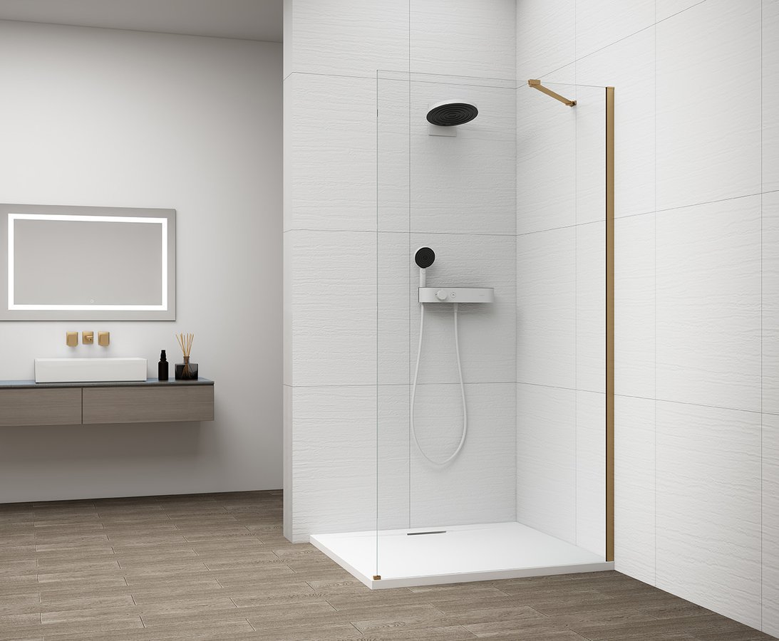Polysan ESCA GOLD MATT jednodílná sprchová zástěna k instalaci ke stěně, sklo čiré, 1100 mm, čiré sklo ve sprše 2