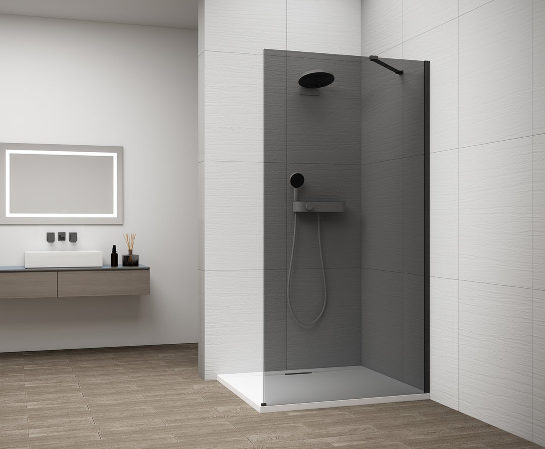 Polysan ESCA BLACK MATT jednodílná sprchová zástěna k instalaci ke stěně, kouřové sklo, 900 mm, šedé sklo ve sprše