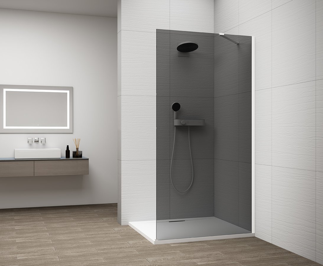 Polysan ESCA WHITE MATT jednodílná sprchová zástěna k instalaci ke stěně, kouřové sklo, 900 mm, šedé sklo ve sprše
