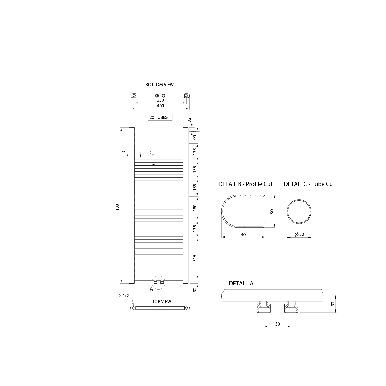 Aqualine ALYA otopné těleso rovné 400x1188mm, středové připojení, chrom, technický nákres
