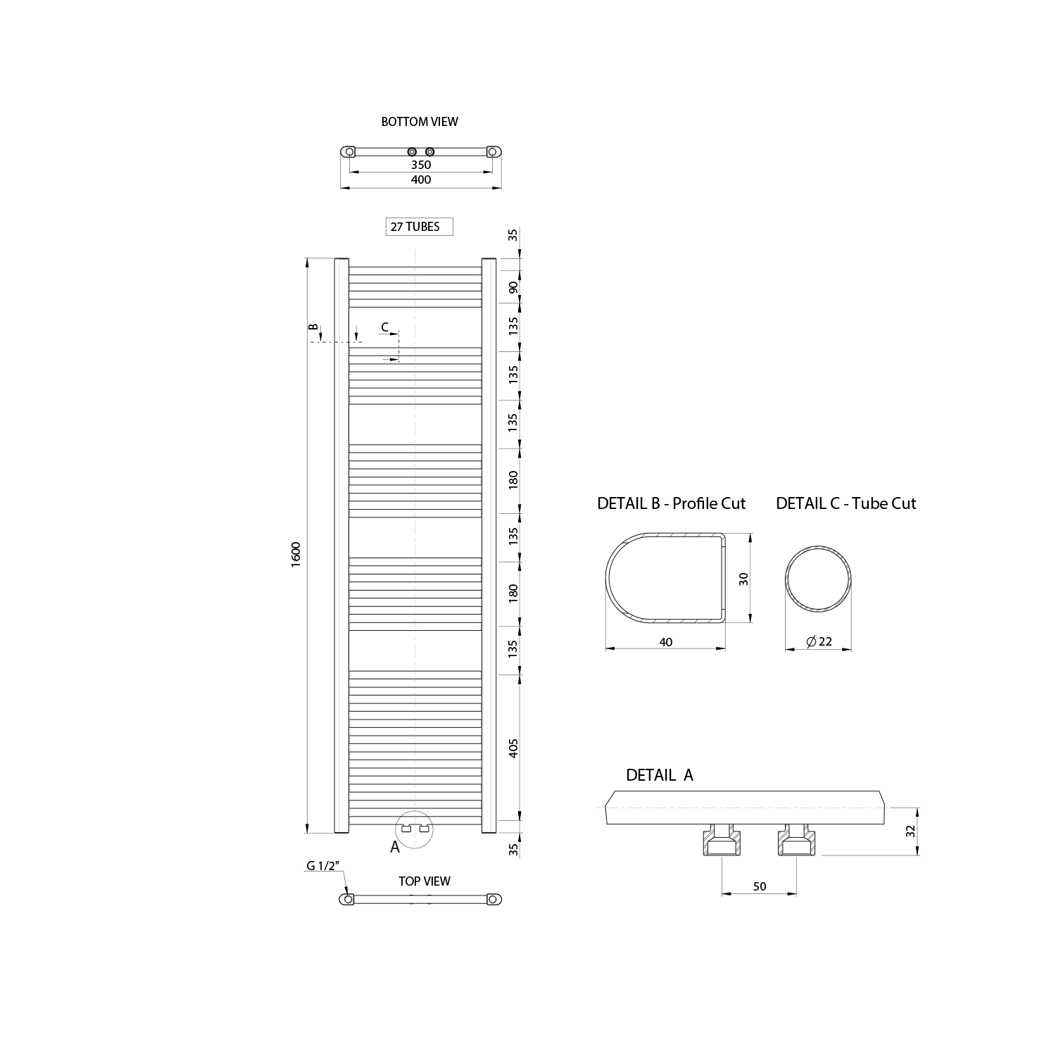 Aqualine ALYA otopné těleso rovné 400x1600mm, středové připojení, chrom, technický nákres