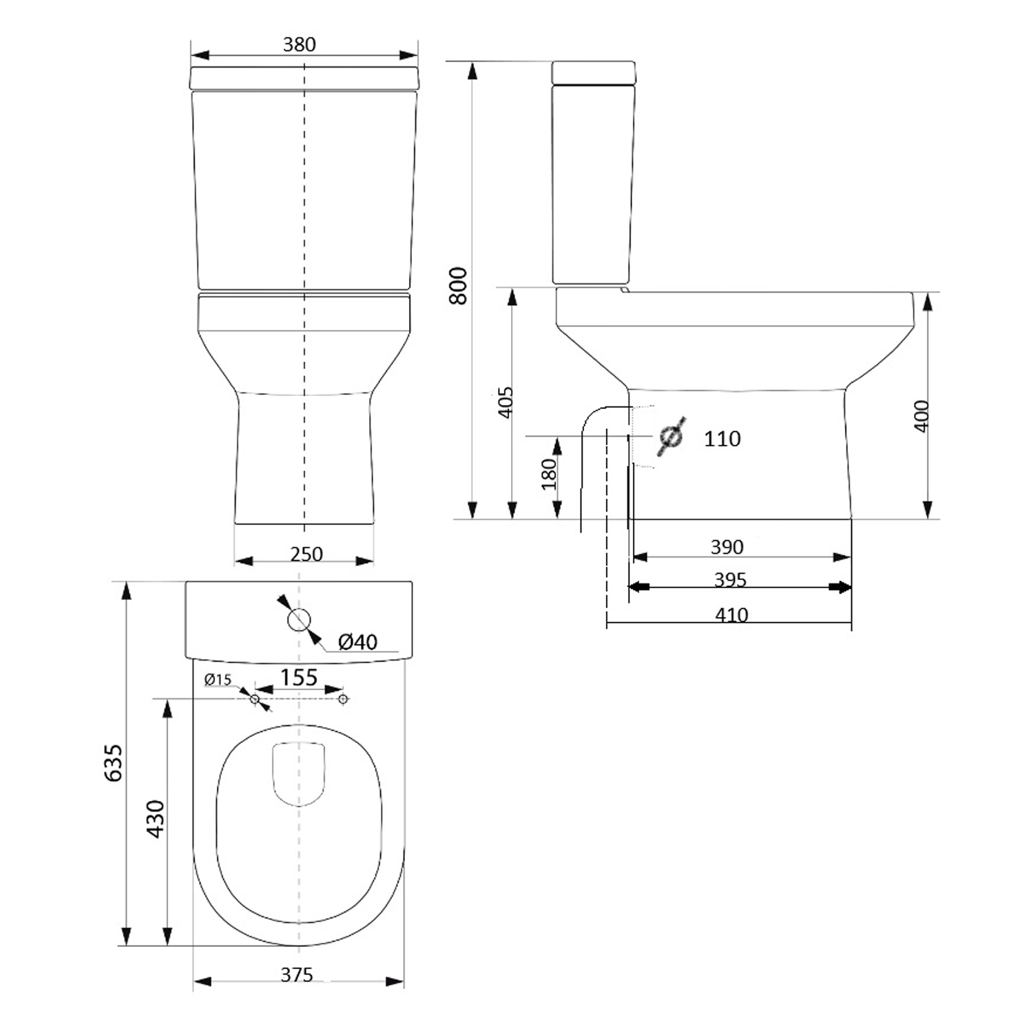 Aqualine VERMET WC kombi, spodní/zadní odpad, bílá, technický nákres