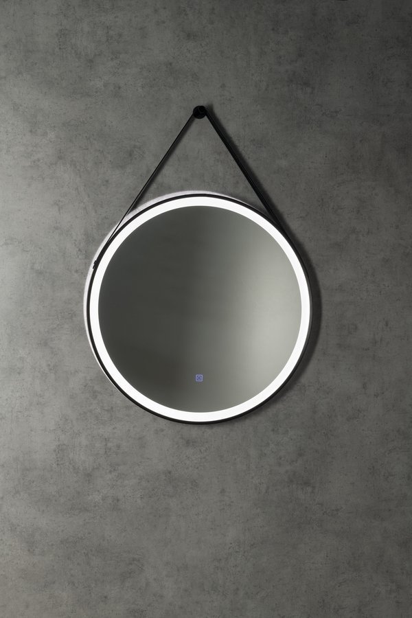 Aqualine STAGO kulaté zrcadlo s LED osvětlením ø 60cm, kožený pásek, dotykový senzor, stmívatelné, černá mat, podsvícené na stěně 2
