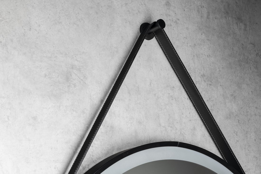 Aqualine STAGO kulaté zrcadlo s LED osvětlením ø 60cm, kožený pásek, dotykový senzor, stmívatelné, černá mat, detail závěsu