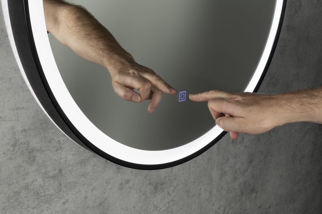 Aqualine STAGO kulaté zrcadlo s LED osvětlením ø 60cm, kožený pásek, dotykový senzor, stmívatelné, černá mat, dotykový ovladač