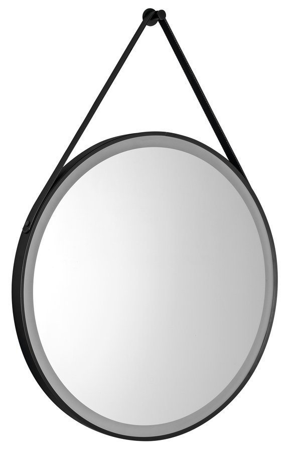Aqualine STAGO kulaté zrcadlo s LED osvětlením ø 60cm, kožený pásek, dotykový senzor, stmívatelné, černá mat