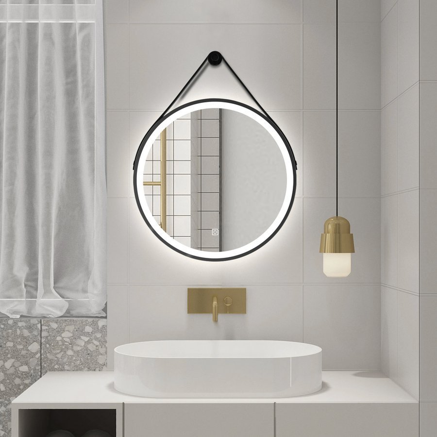 Aqualine STAGO kulaté zrcadlo s LED osvětlením ø 60cm, kožený pásek, dotykový senzor, stmívatelné, černá mat, podsvícené v koupelně