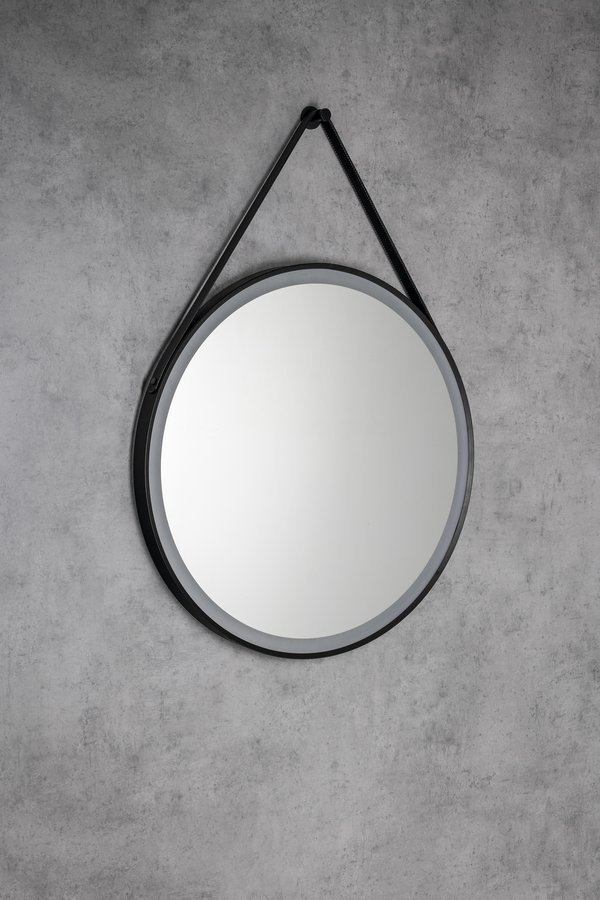 Aqualine STAGO kulaté zrcadlo s LED osvětlením ø 60cm, kožený pásek, dotykový senzor, stmívatelné, černá mat, na šedé stěně