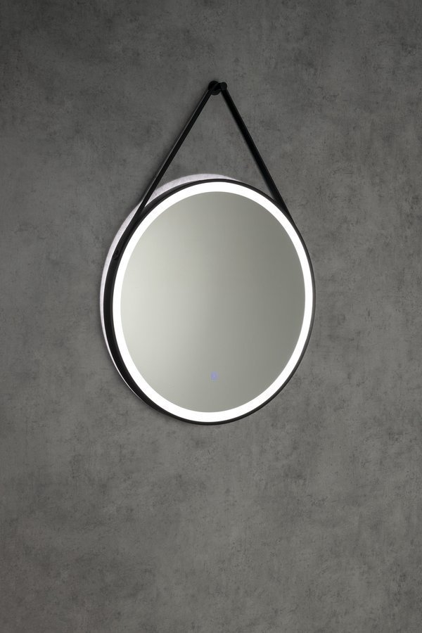Aqualine STAGO kulaté zrcadlo s LED osvětlením ø 60cm, kožený pásek, dotykový senzor, stmívatelné, černá mat, podsvícené na stěně