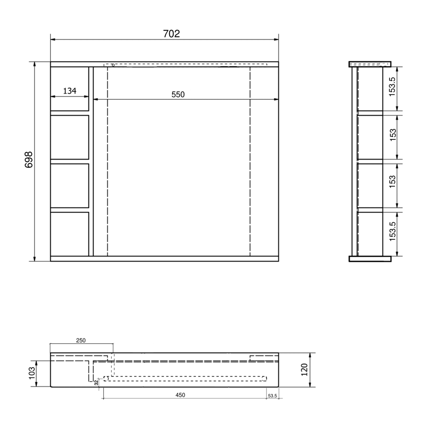 Aqualine KORIN STRIP zrcadlo s LED osvětlením a policemi 70x70x12cm, technický nákres