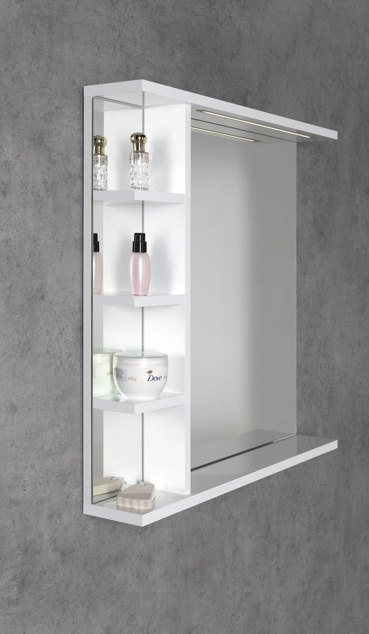 Aqualine KORIN STRIP zrcadlo s LED osvětlením a policemi 70x70x12cm, pohled zboku na stěně