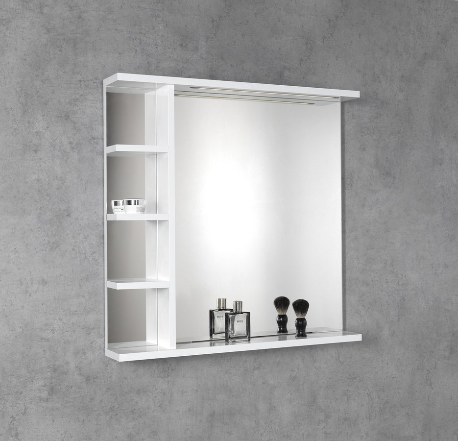 Aqualine KORIN STRIP zrcadlo s LED osvětlením a policemi 70x70x12cm, na šedé stěně