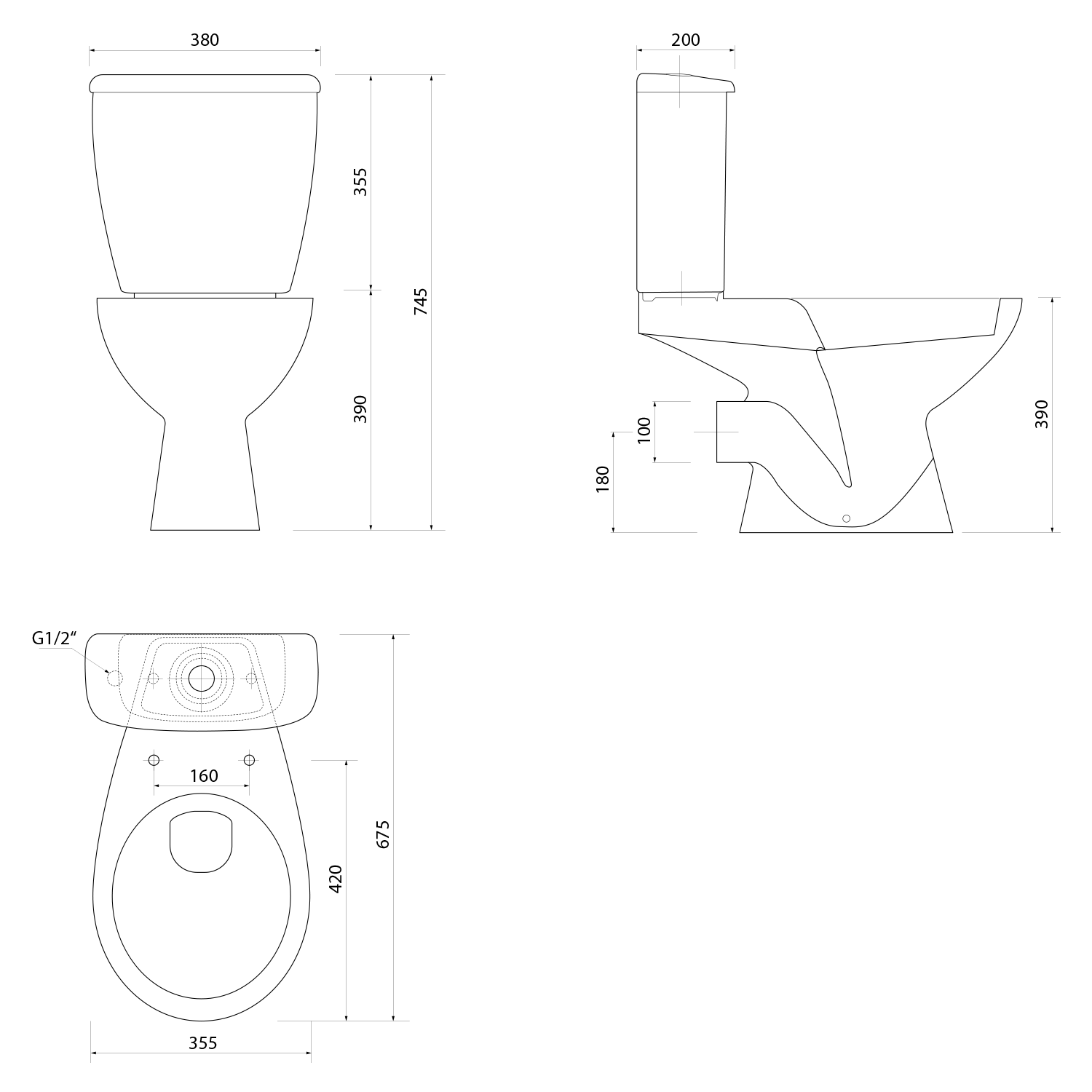 Aqualine JOSE WC kombi, dvojtlačítko 3/6l, zadní odpad, bílá, technický nákres