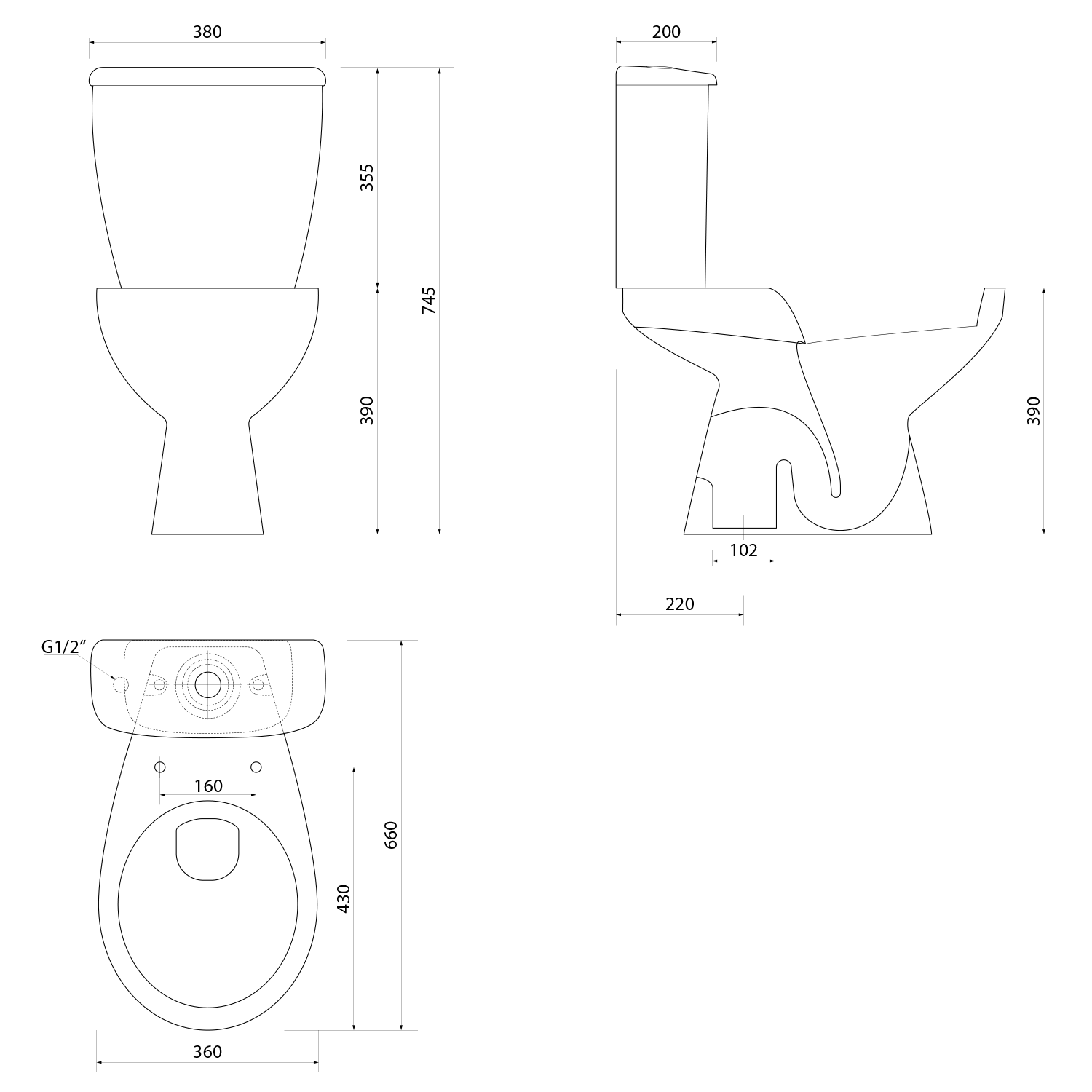 Aqualine MANUEL WC kombi, dvojtlačítko 3/6l, spodní odpad, bílá, technický nákres