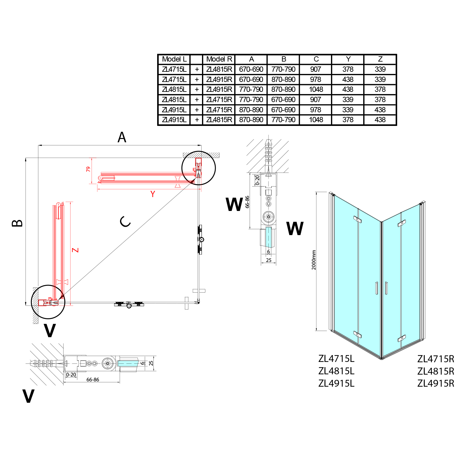 Polysan ZOOM obdélníkový sprchový kout 800x900mm, rohový vstup, technický nákres