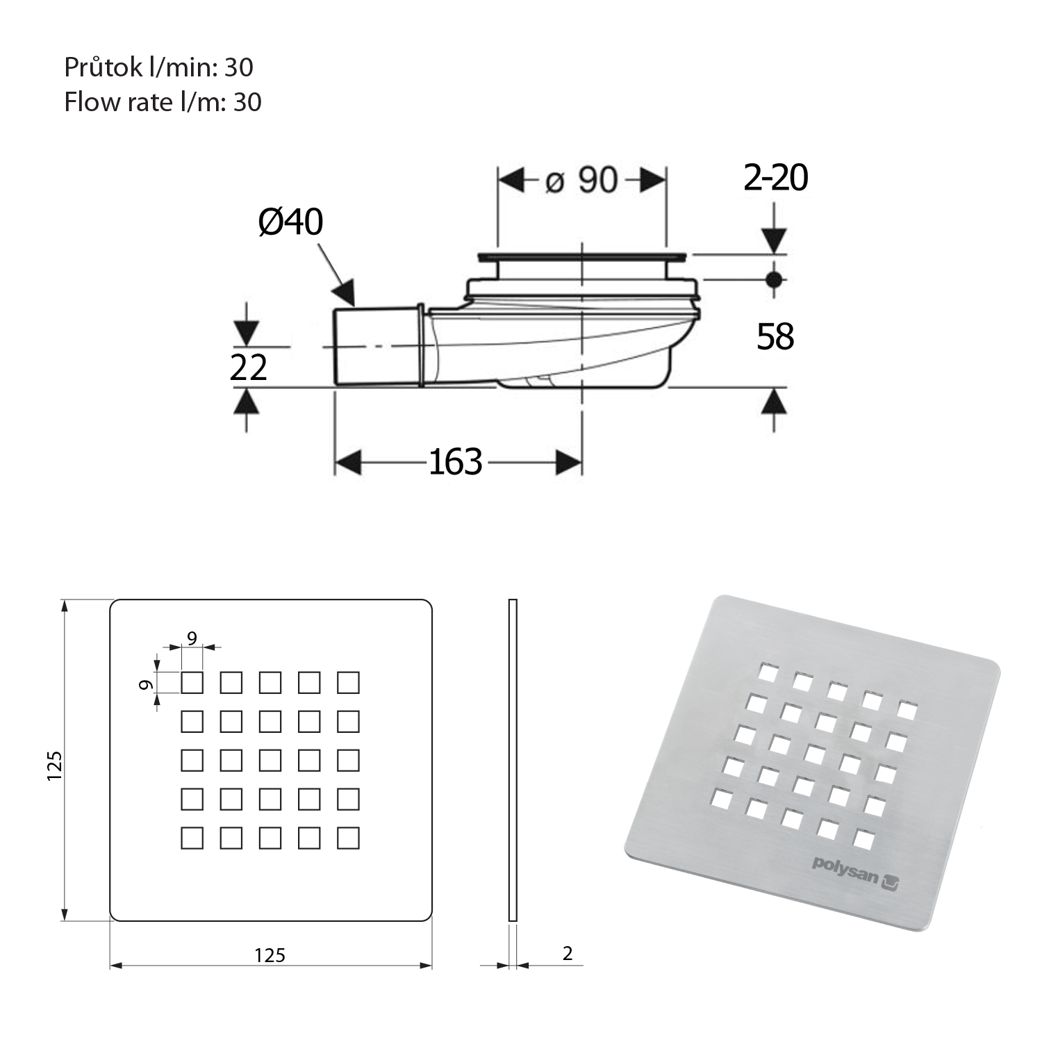 Polysan TRENECA vaničkový sifon, průměr 90mm, DN40, krytka bílá mat, technický nákres