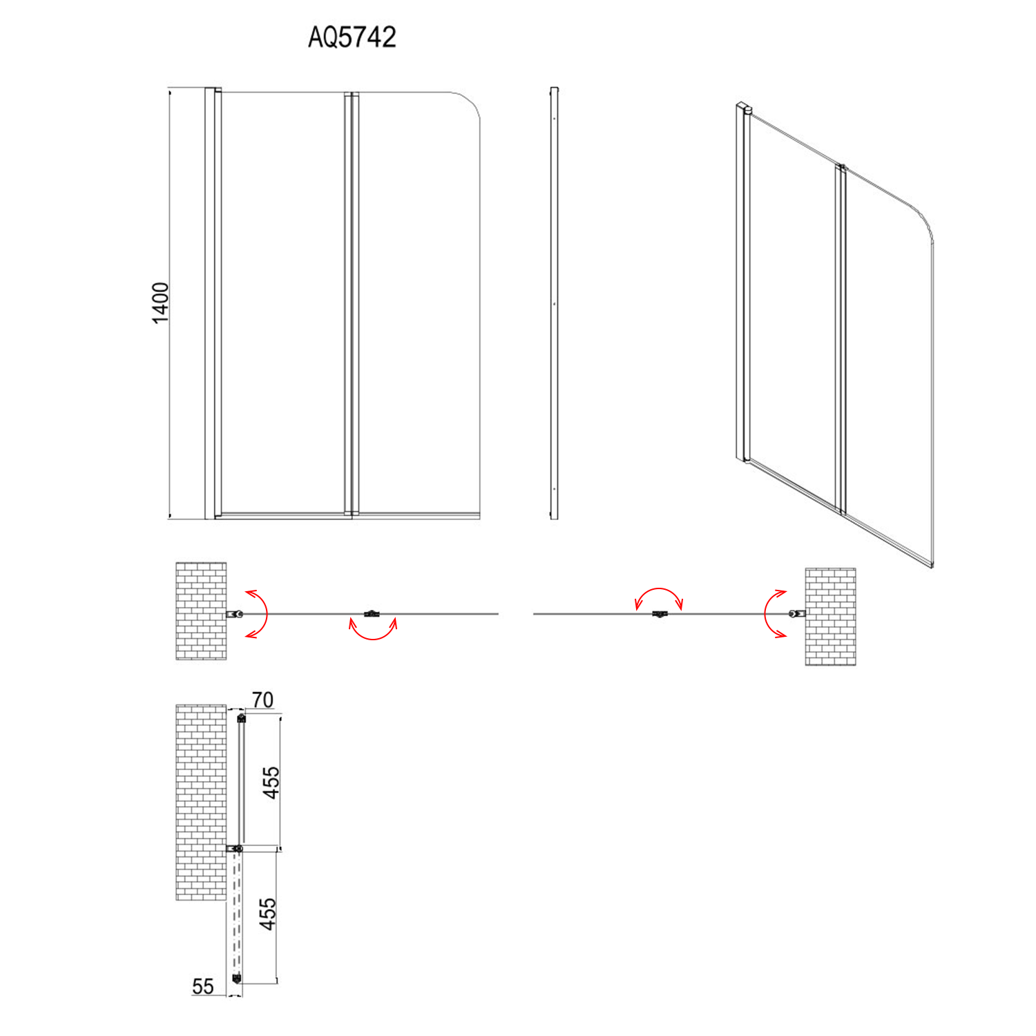 Aqualine WILA vanová zástěna 900x1400mm skládací, černá, čiré sklo, technický nákres