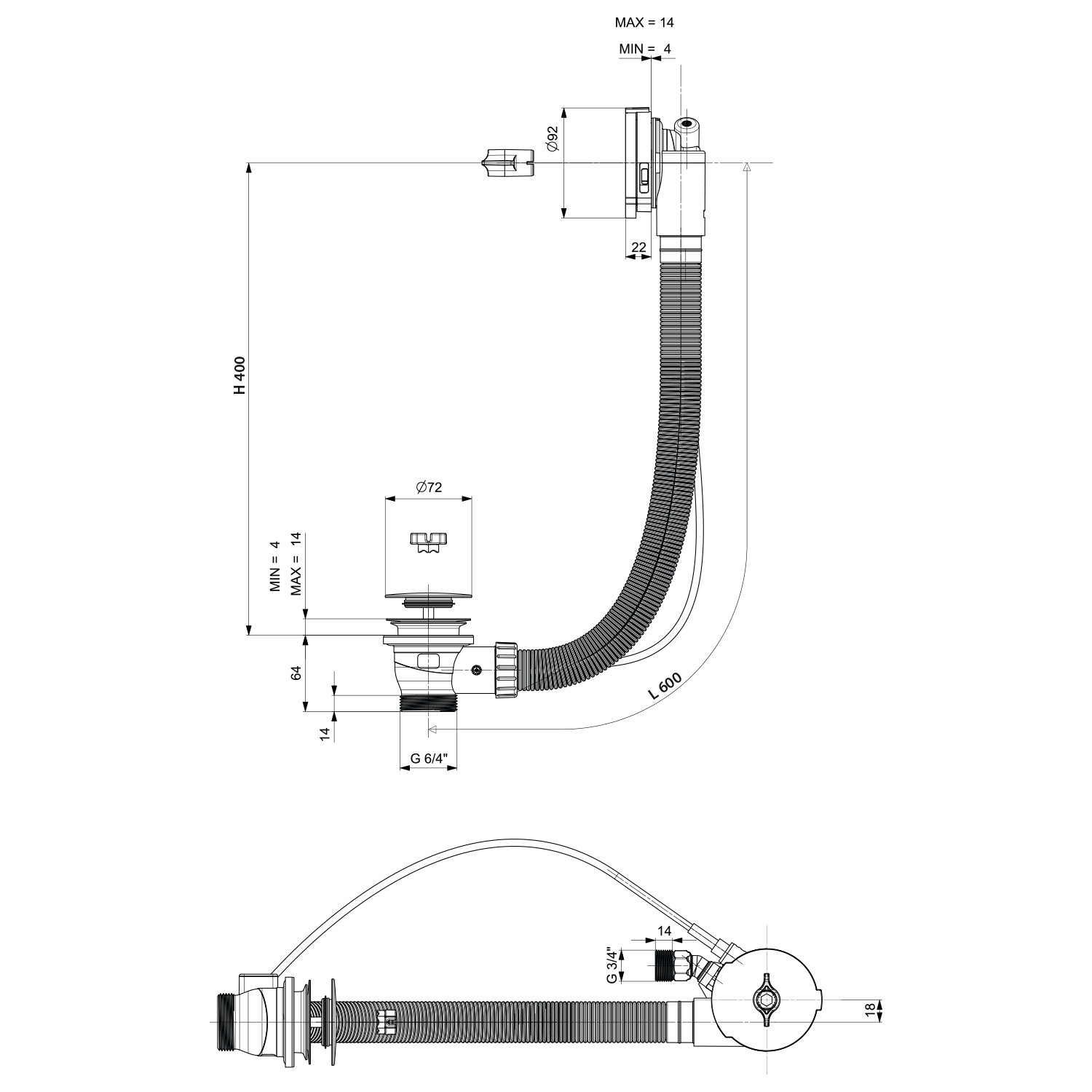 Polysan Vanová souprava s napouštěním, bovden, délka 600mm, zátka 72mm, černá mat, technický nákres