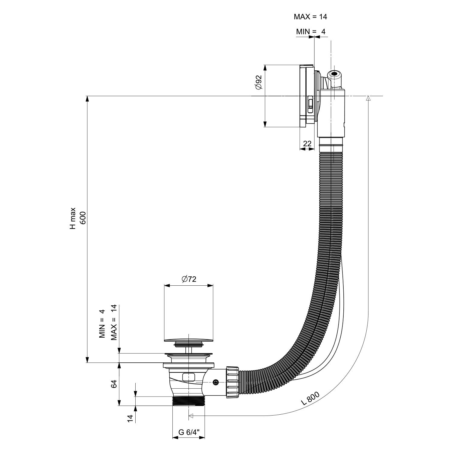 Polysan MARBLE vanová souprava s napouštěním, bovden, délka 800mm, černá mat, technický nákres