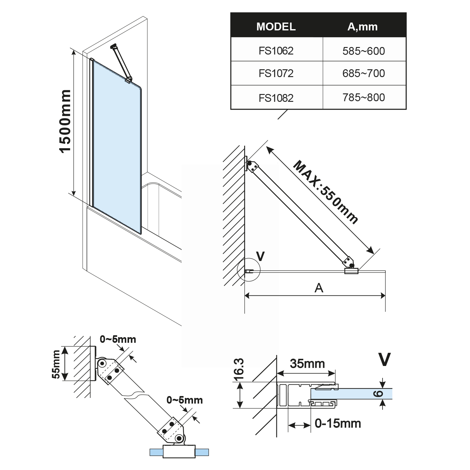 Polysan FISA vanová zástěna 600x1500mm, bílá mat, čiré sklo, technický nákres