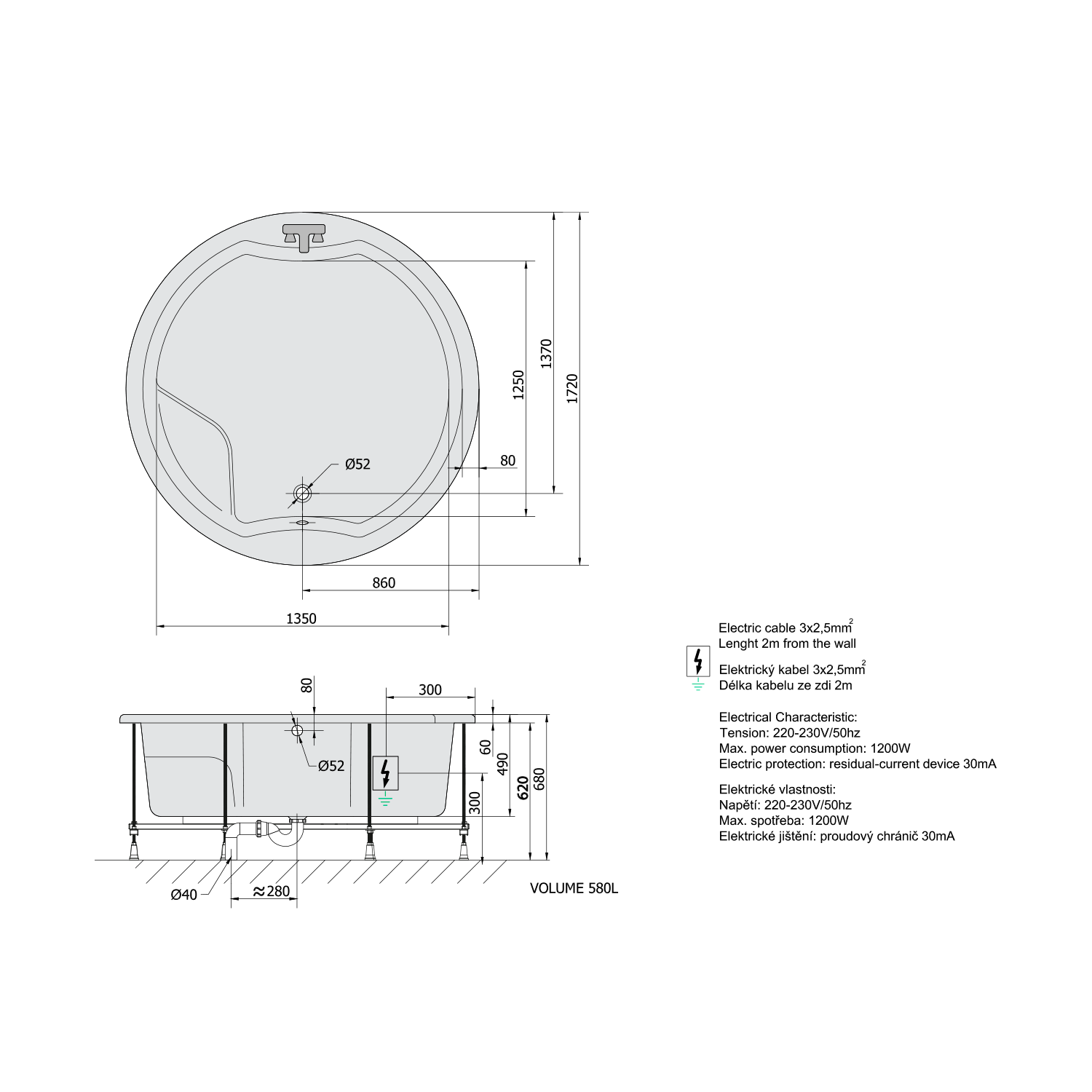 Polysan ROYAL ROUND hydromasážní vana, 172x172x49cm, Active Hydro, chrom, technický nákres