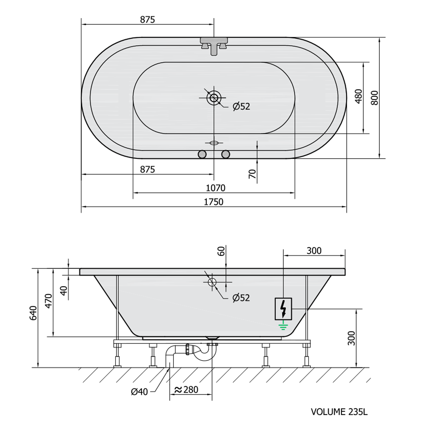 Polysan VIVA O hydromasážní vana, 175x80x47cm, Highline Hydro-Air, chrom, technický nákres
