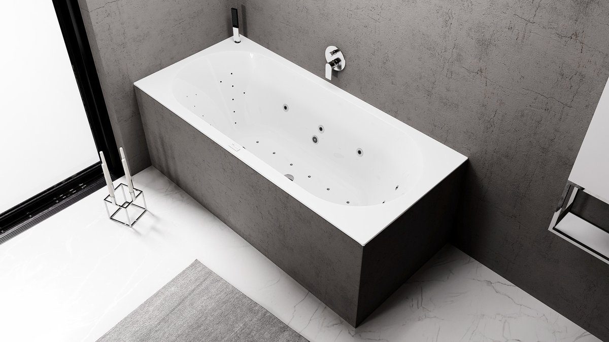 Polysan VIVA B hydromasážní vana, 185x80x47cm, Highline Hydro-Air, chrom, v koupelně s tryskami 5