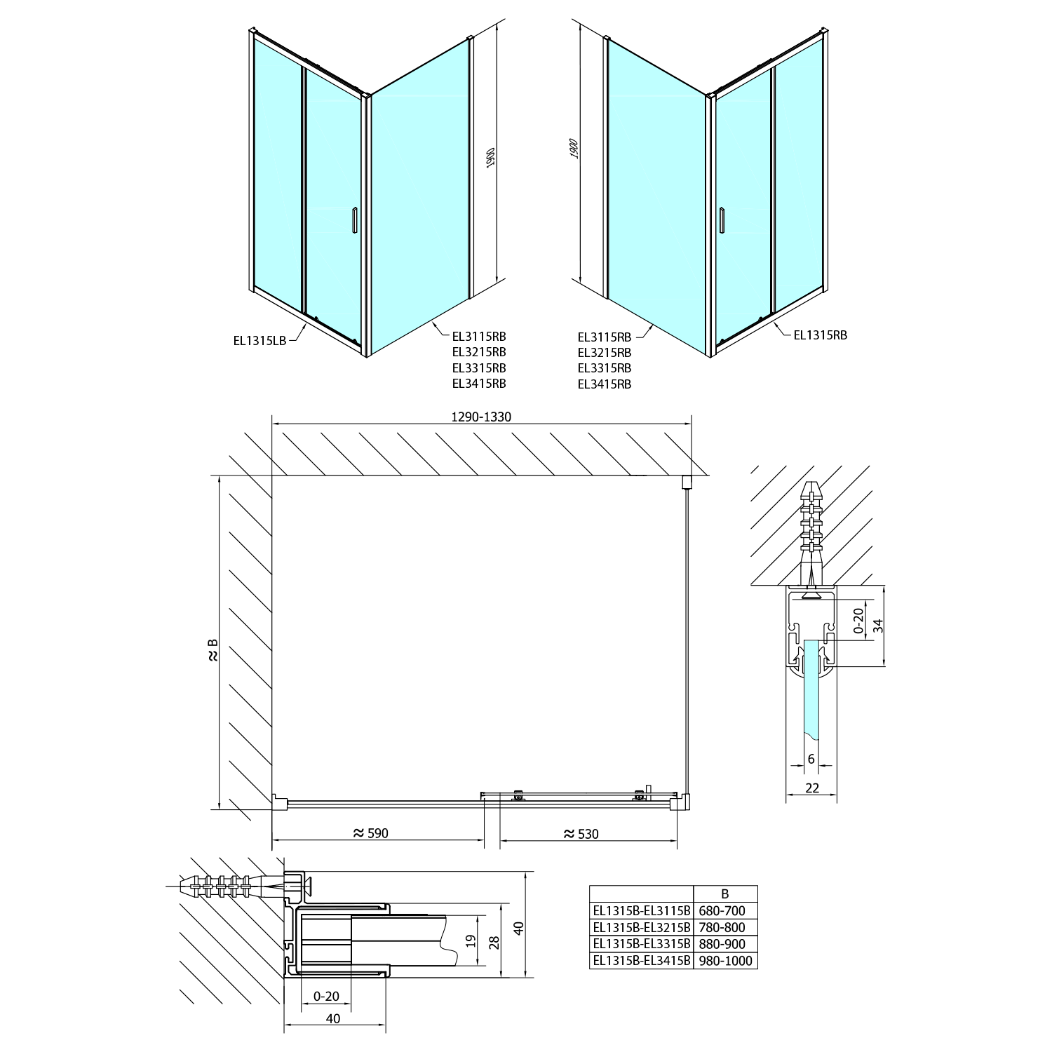 Polysan EASY BLACK obdélníkový sprchový kout 1300x700mm, čiré sklo L/P varianta, technický nákres